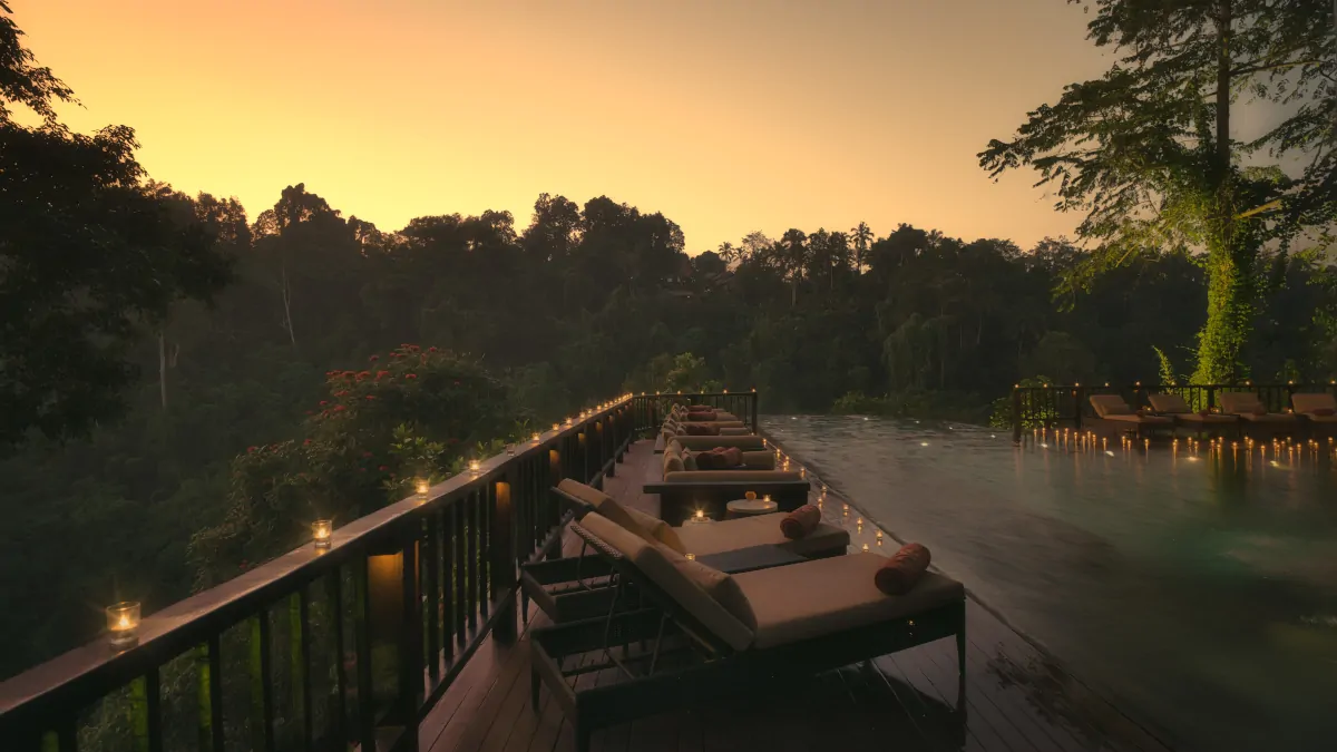 Ubud jungle sunset rainforest Bali peaceful atmosphere after festival day
